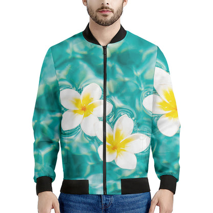White And Yellow Plumeria In Water Print Men's Bomber Jacket