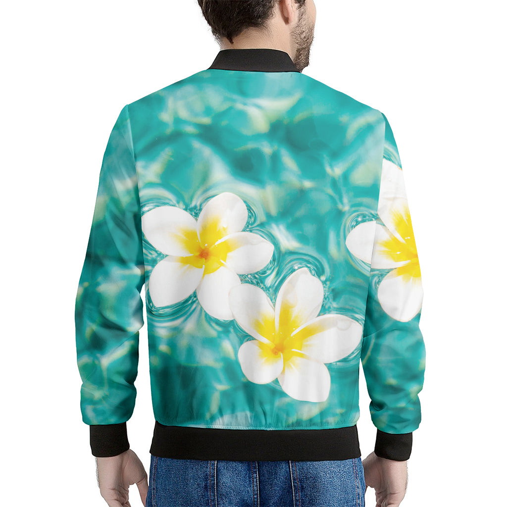 White And Yellow Plumeria In Water Print Men's Bomber Jacket