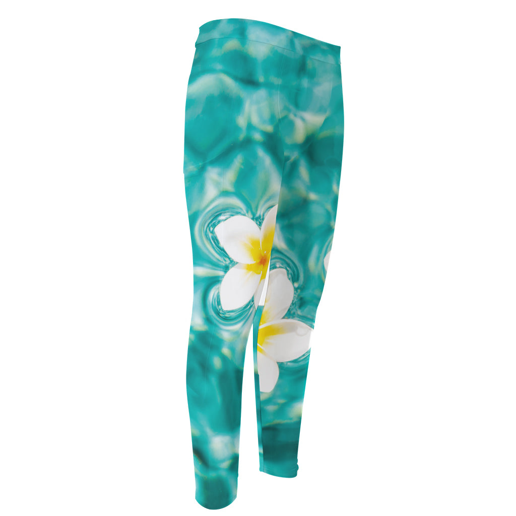 White And Yellow Plumeria In Water Print Men's Compression Pants