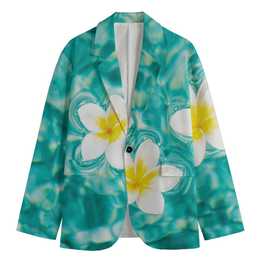 White And Yellow Plumeria In Water Print Men's Cotton Blazer