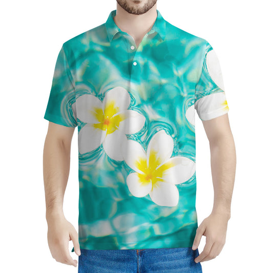 White And Yellow Plumeria In Water Print Men's Polo Shirt