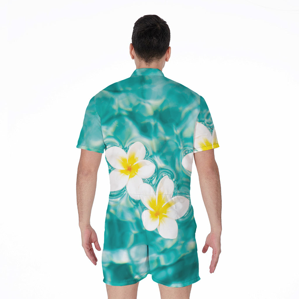White And Yellow Plumeria In Water Print Men's Rompers