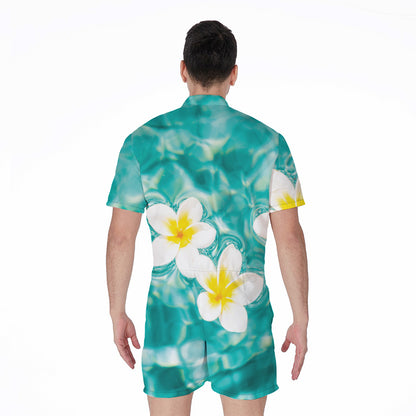 White And Yellow Plumeria In Water Print Men's Rompers