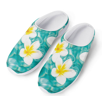 White And Yellow Plumeria In Water Print Mesh Casual Shoes