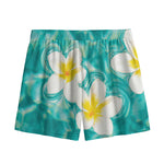 White And Yellow Plumeria In Water Print Mesh Shorts
