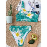 White And Yellow Plumeria In Water Print One Shoulder Bikini Top