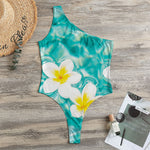 White And Yellow Plumeria In Water Print One Shoulder Bodysuit