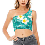 White And Yellow Plumeria In Water Print One Shoulder Crop Top