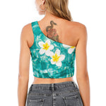 White And Yellow Plumeria In Water Print One Shoulder Crop Top