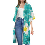 White And Yellow Plumeria In Water Print Open Front Beach Cover Up