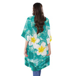 White And Yellow Plumeria In Water Print Open Front Beach Cover Up