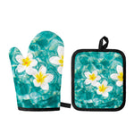 White And Yellow Plumeria In Water Print Oven Mitt And Pot Holder Set