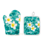 White And Yellow Plumeria In Water Print Oven Mitt And Pot Holder Set