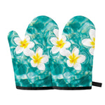 White And Yellow Plumeria In Water Print Oven Mitts