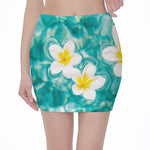 White And Yellow Plumeria In Water Print Pencil Mini Skirt