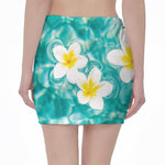 White And Yellow Plumeria In Water Print Pencil Mini Skirt