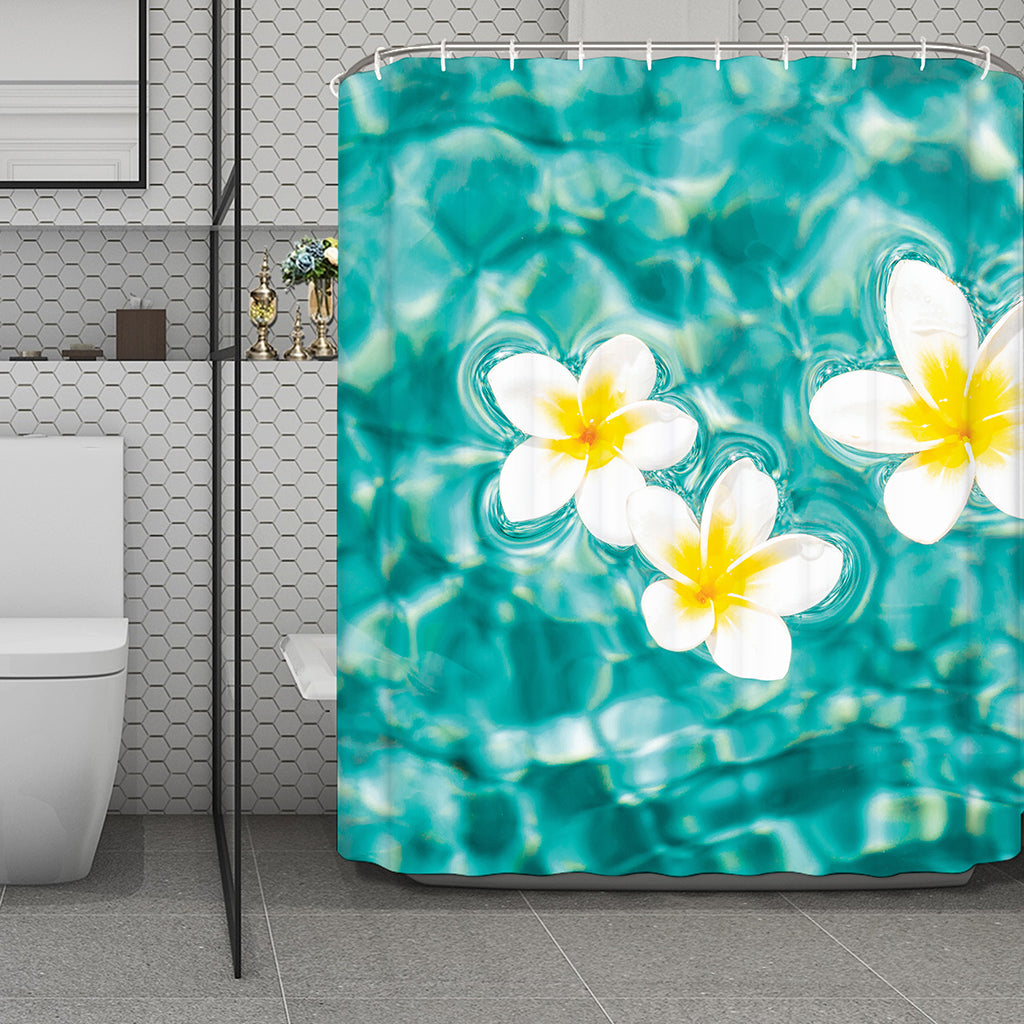White And Yellow Plumeria In Water Print Polyester Shower Curtain