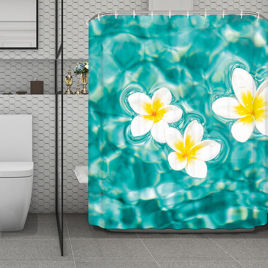 White And Yellow Plumeria In Water Print Polyester Shower Curtain