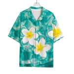 White And Yellow Plumeria In Water Print Rayon Hawaiian Shirt