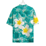 White And Yellow Plumeria In Water Print Rayon Hawaiian Shirt