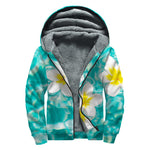 White And Yellow Plumeria In Water Print Sherpa Lined Zip Up Hoodie