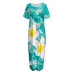 White And Yellow Plumeria In Water Print Short Sleeve Long Nightdress