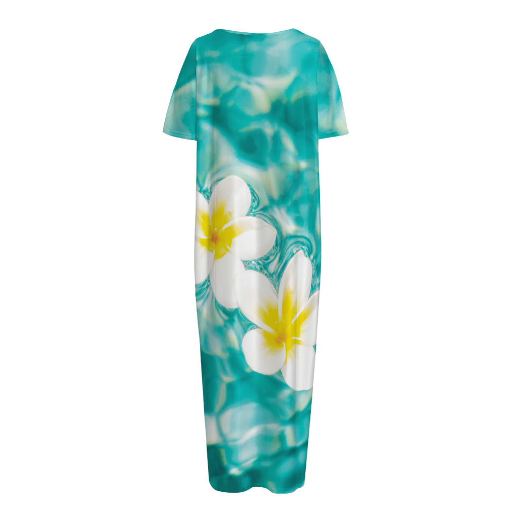 White And Yellow Plumeria In Water Print Short Sleeve Long Nightdress