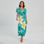 White And Yellow Plumeria In Water Print Short Sleeve Maxi Dress