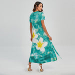 White And Yellow Plumeria In Water Print Short Sleeve Maxi Dress