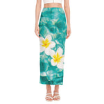 White And Yellow Plumeria In Water Print Side Slit Maxi Skirt