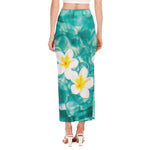 White And Yellow Plumeria In Water Print Side Slit Maxi Skirt