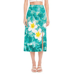 White And Yellow Plumeria In Water Print Side Slit Midi Skirt
