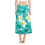White And Yellow Plumeria In Water Print Side Slit Midi Skirt