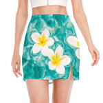 White And Yellow Plumeria In Water Print Side Slit Mini Skirt