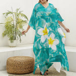 White And Yellow Plumeria In Water Print Silk V-Neck Kaftan Dress