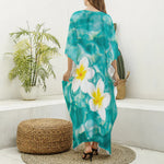 White And Yellow Plumeria In Water Print Silk V-Neck Kaftan Dress