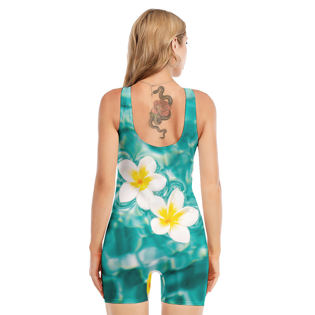 White And Yellow Plumeria In Water Print Sleeveless One Piece Swimsuit