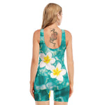 White And Yellow Plumeria In Water Print Sleeveless One Piece Swimsuit