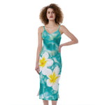 White And Yellow Plumeria In Water Print Slim Fit Midi Cami Dress
