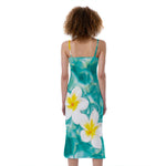 White And Yellow Plumeria In Water Print Slim Fit Midi Cami Dress