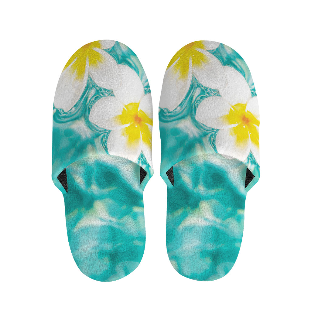 White And Yellow Plumeria In Water Print Slippers