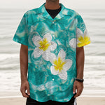 White And Yellow Plumeria In Water Print Textured Short Sleeve Shirt