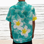 White And Yellow Plumeria In Water Print Textured Short Sleeve Shirt
