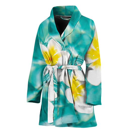 White And Yellow Plumeria In Water Print Women's Bathrobe