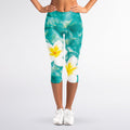 White And Yellow Plumeria In Water Print Women's Capri Leggings