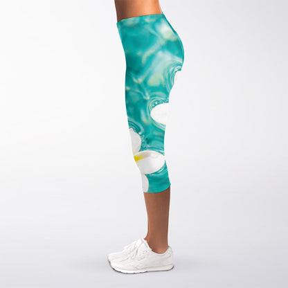 White And Yellow Plumeria In Water Print Women's Capri Leggings
