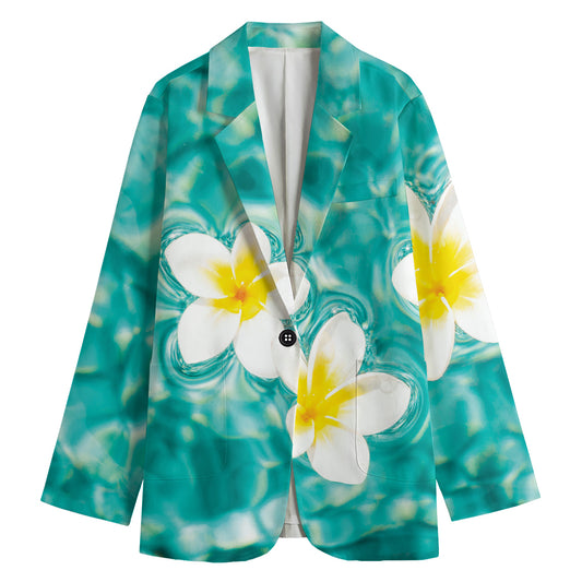 White And Yellow Plumeria In Water Print Women's Cotton Blazer