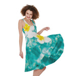 White And Yellow Plumeria In Water Print Women's Sleeveless Dress