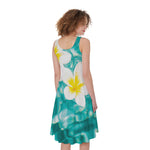 White And Yellow Plumeria In Water Print Women's Sleeveless Dress