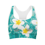 White And Yellow Plumeria In Water Print Women's Sports Bra